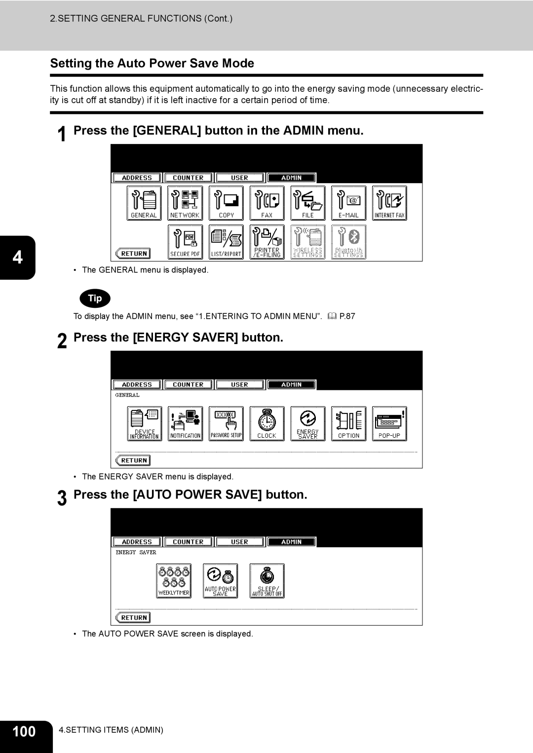 Toshiba E-STUDIO520 manual 100, Setting the Auto Power Save Mode, Press the Auto Power Save button 