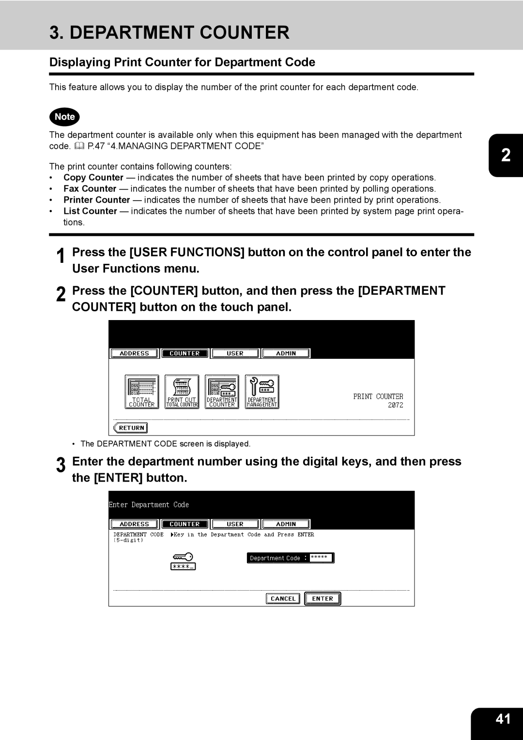 Toshiba E-STUDIO520 manual Department Counter, Displaying Print Counter for Department Code 