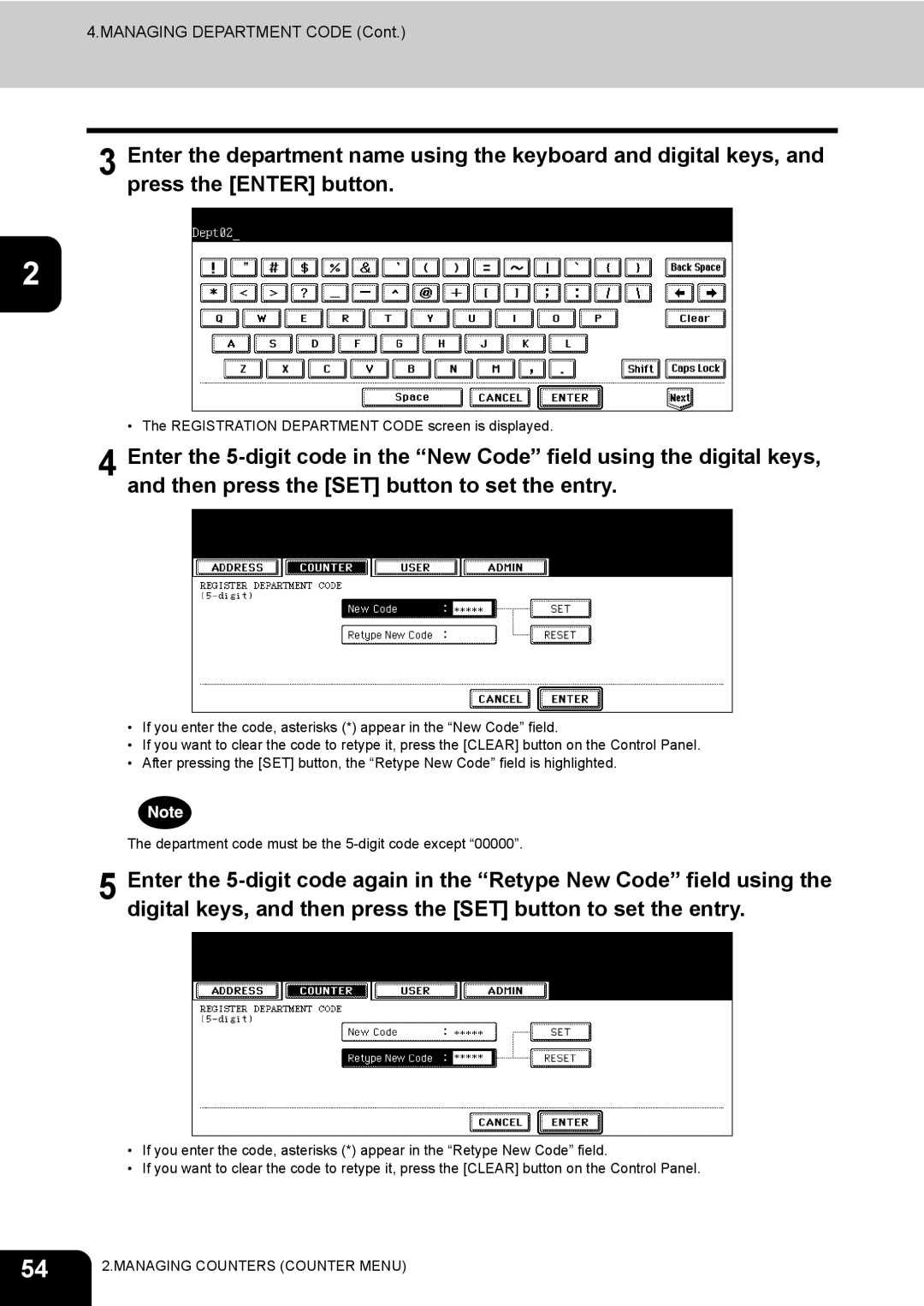 Toshiba E-STUDIO520 manual Registration Department Code screen is displayed 