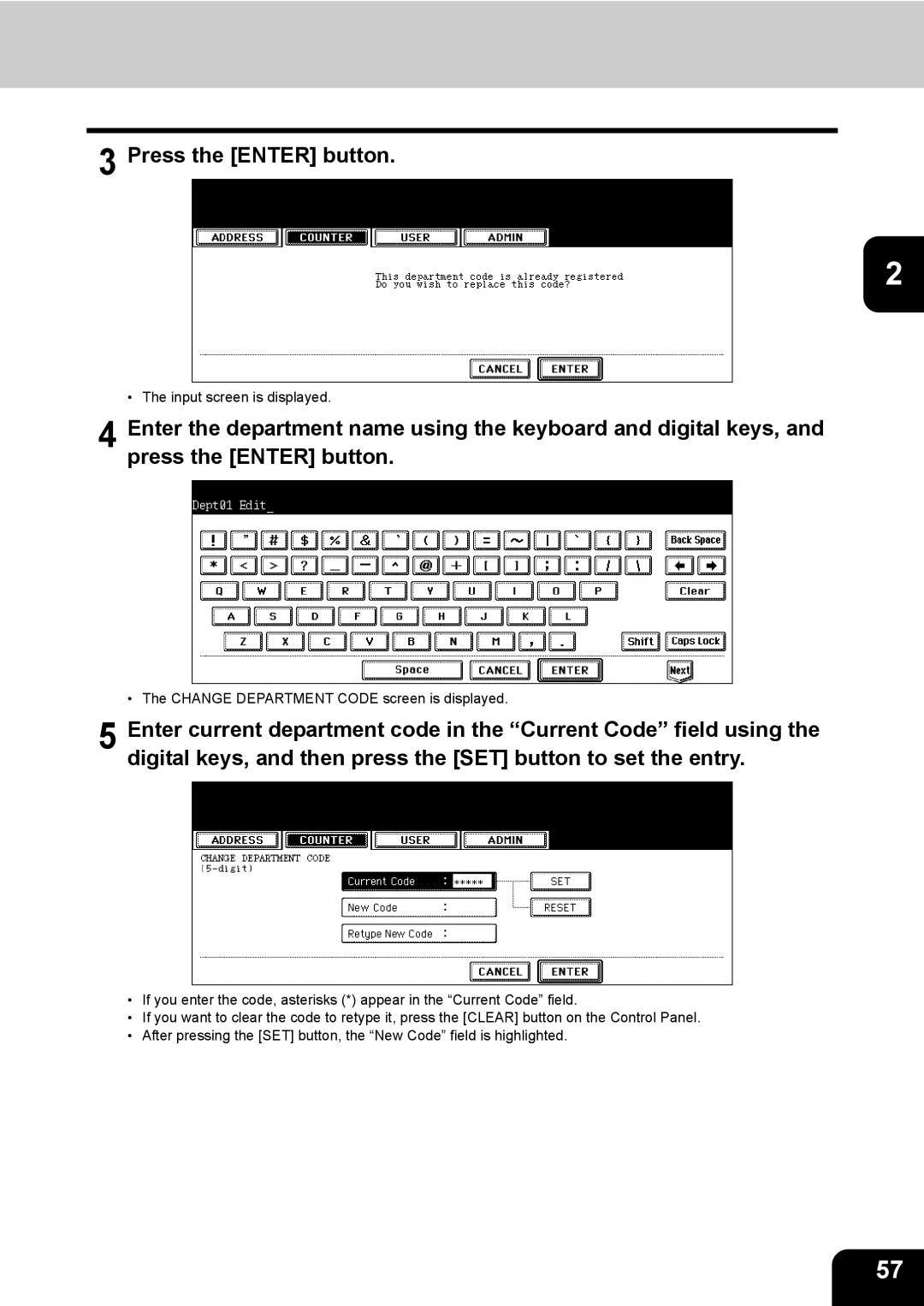 Toshiba E-STUDIO520 manual Change Department Code screen is displayed 