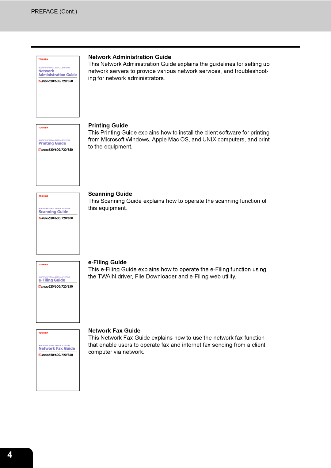 Toshiba E-STUDIO520 manual Network Administration Guide, Printing Guide, Scanning Guide, Filing Guide, Network Fax Guide 