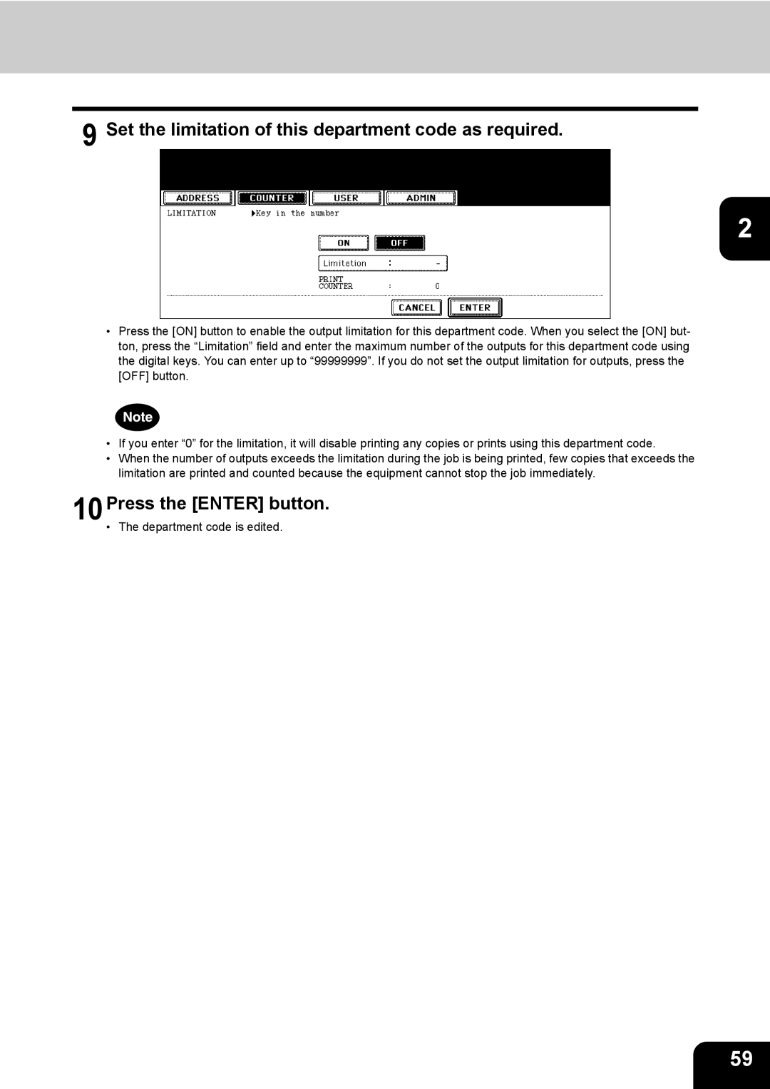 Toshiba E-STUDIO520 manual Set the limitation of this department code as required, 10Press the Enter button 