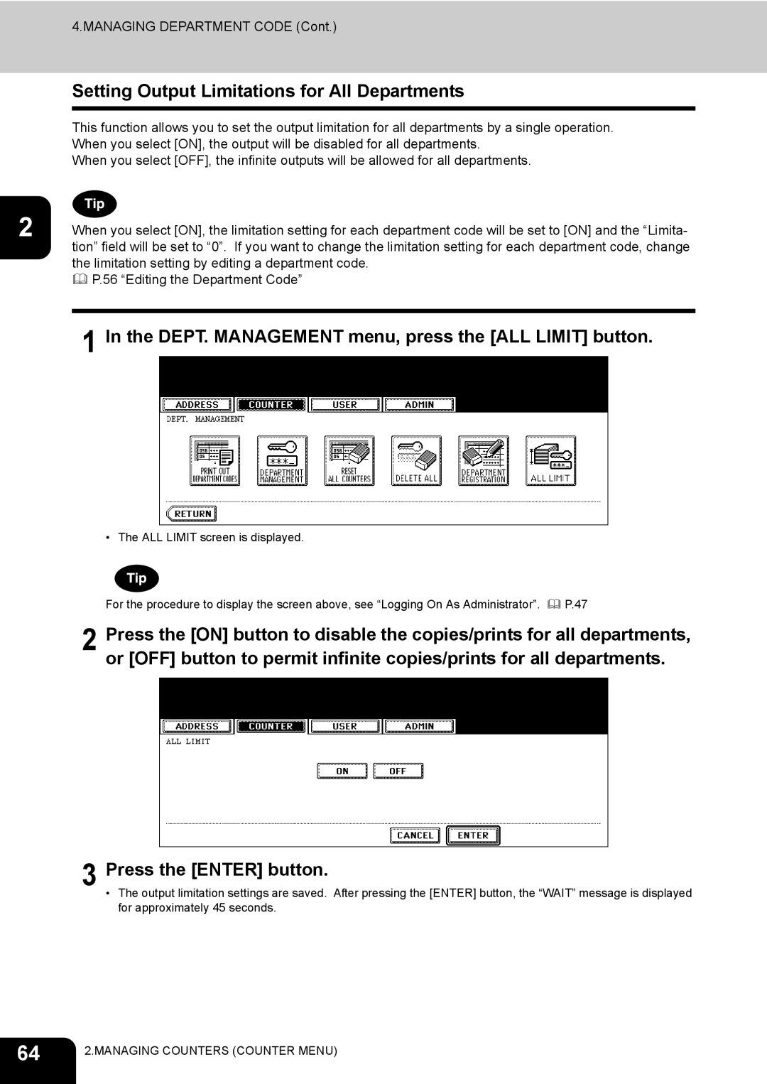 Toshiba E-STUDIO520 Setting Output Limitations for All Departments, DEPT. Management menu, press the ALL Limit button 