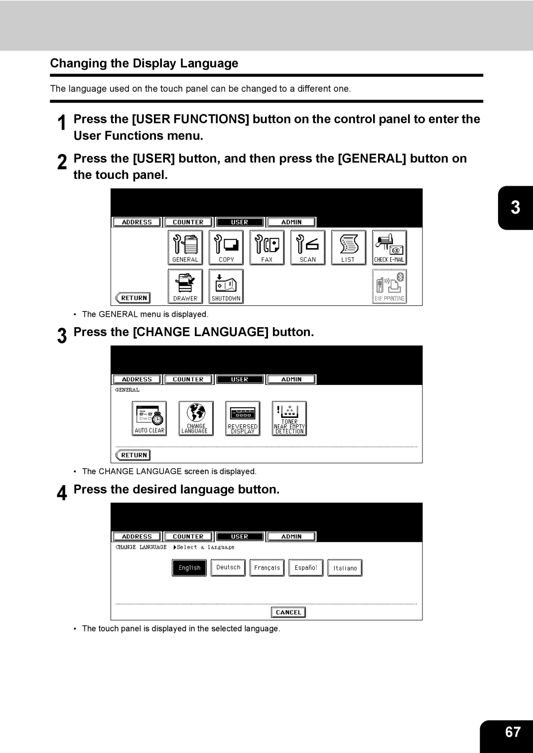 Toshiba E-STUDIO520 Changing the Display Language, Press the Change Language button, Press the desired language button 