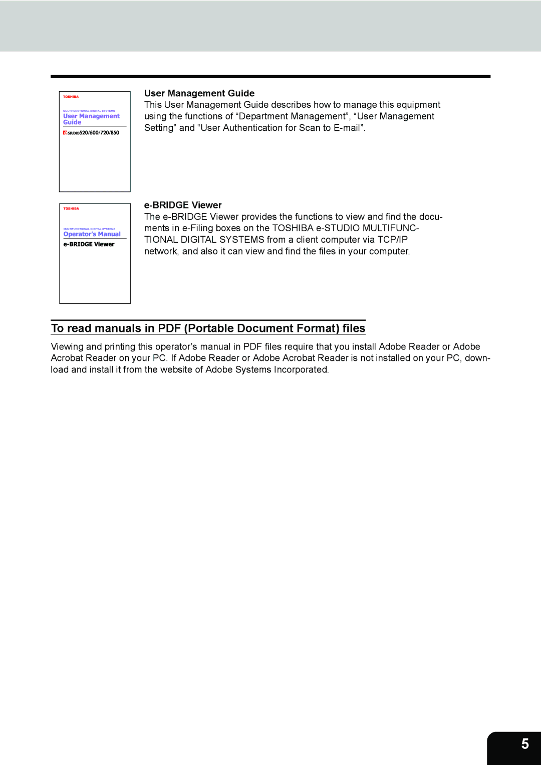 Toshiba E-STUDIO520 manual User Management Guide, Bridge Viewer 