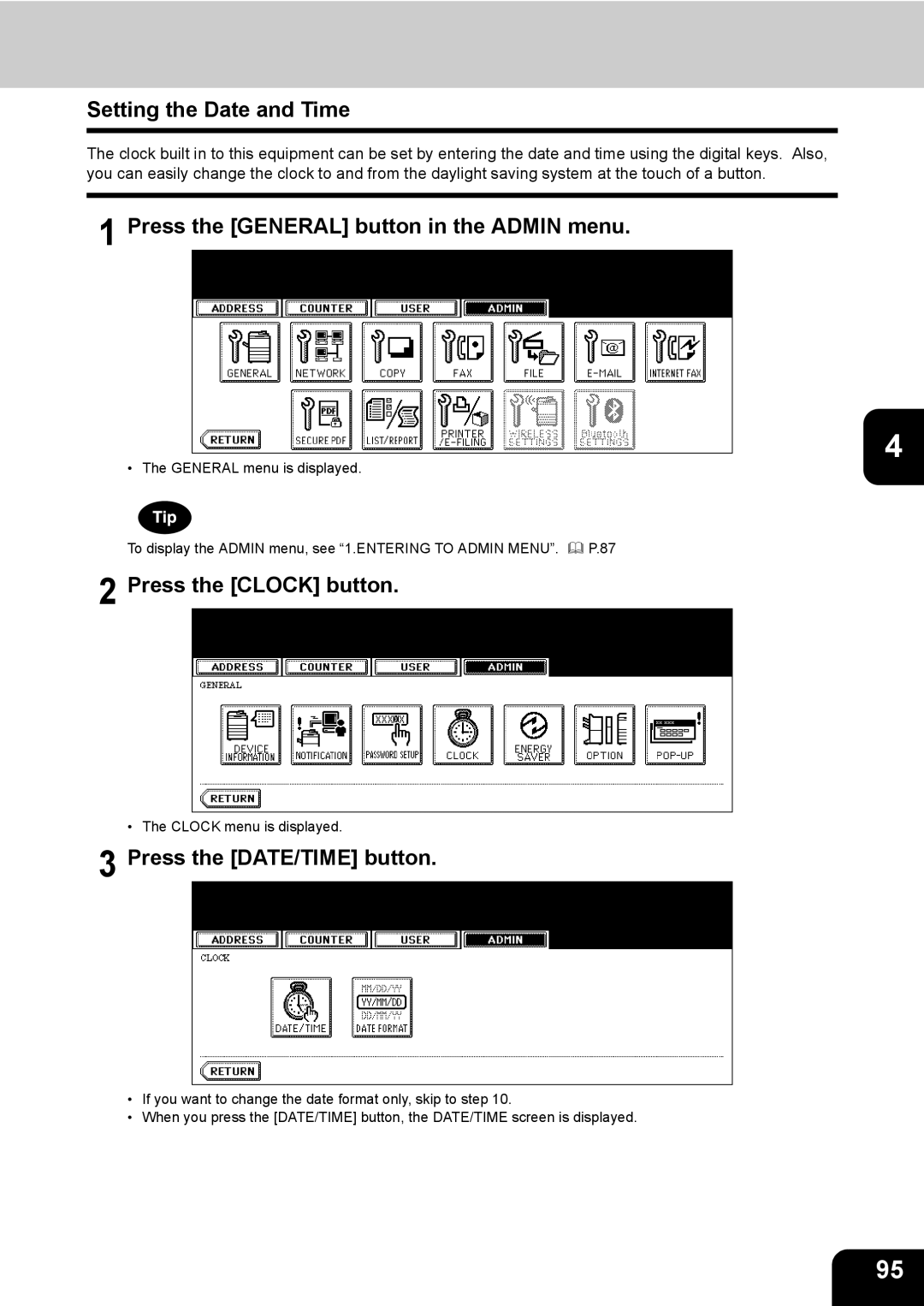 Toshiba E-STUDIO520 manual Setting the Date and Time, Press the Clock button, Press the DATE/TIME button 