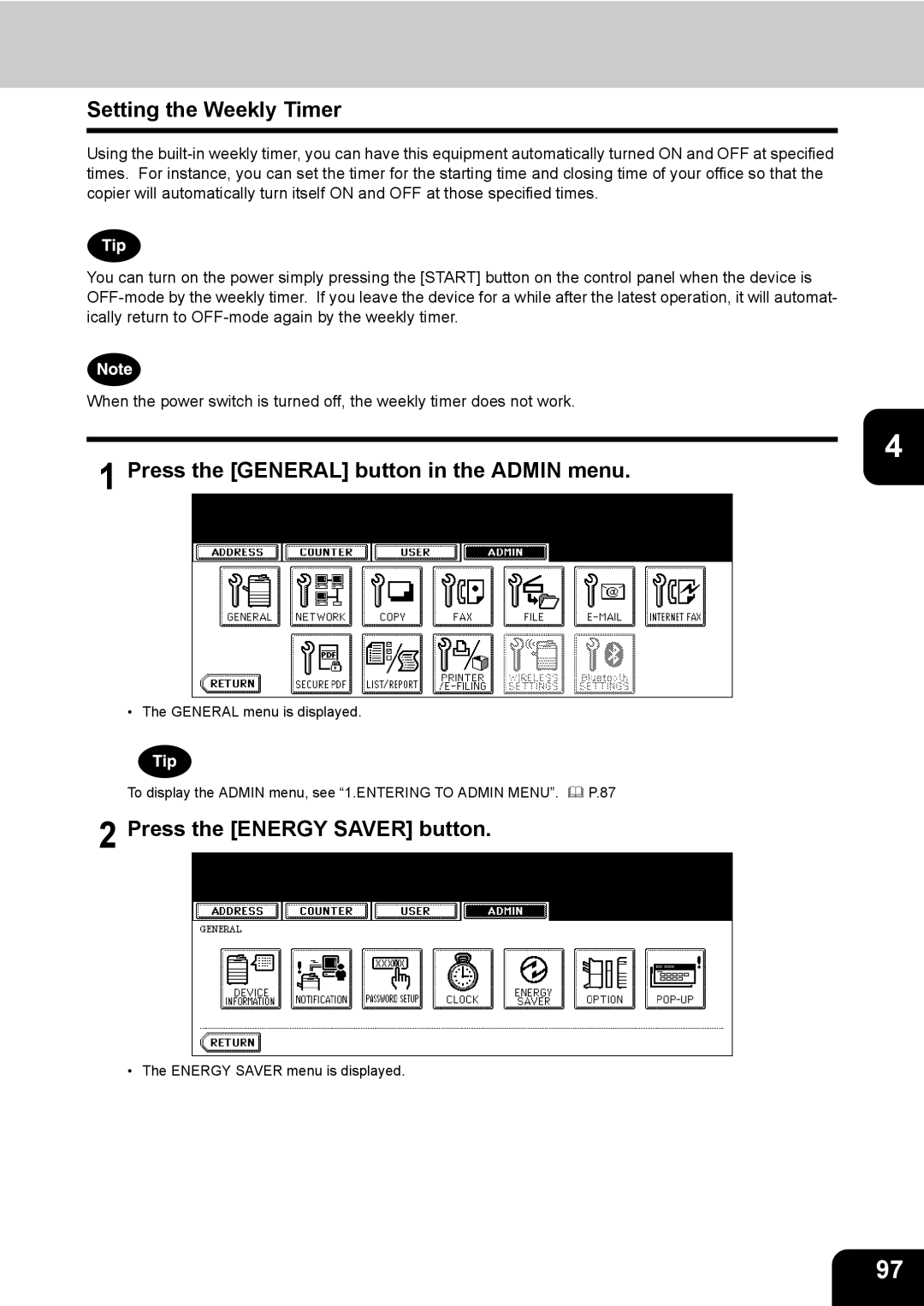 Toshiba E-STUDIO520 manual Setting the Weekly Timer, Press the Energy Saver button 