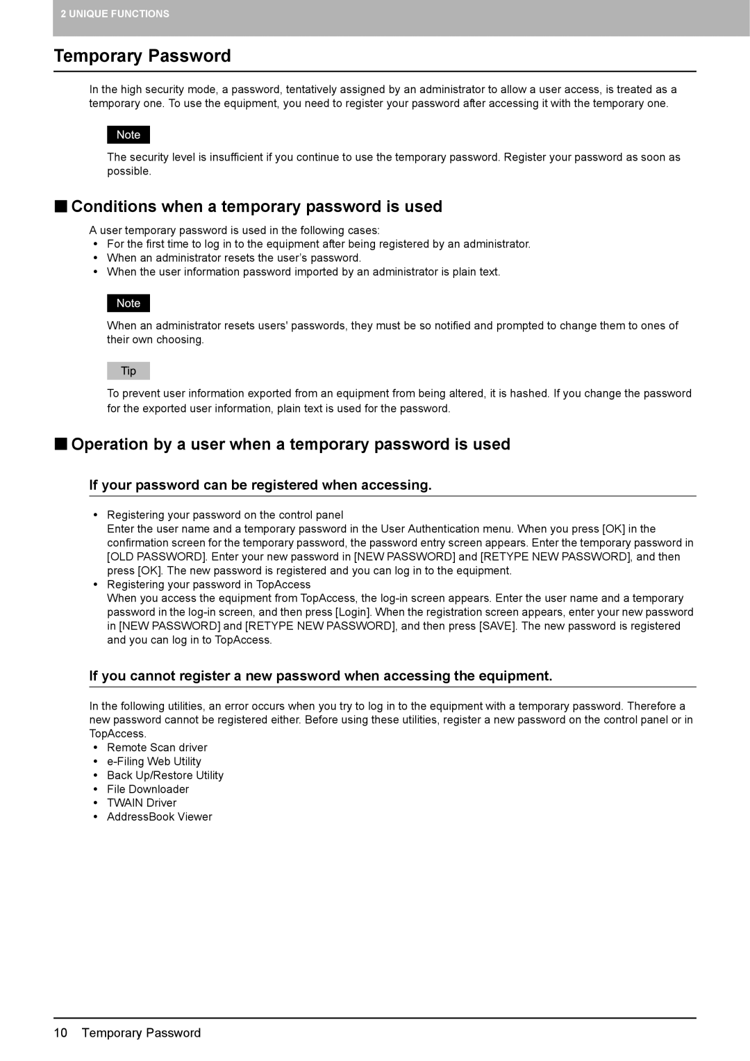 Toshiba e-STUDIO5540C/6540C/6550C manual Temporary Password, „ Conditions when a temporary password is used 