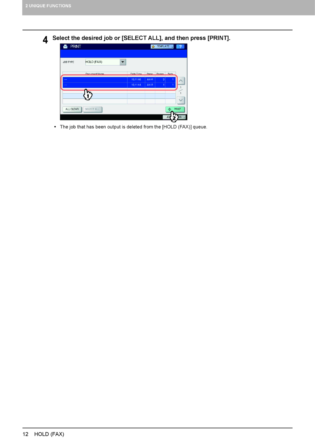 Toshiba e-STUDIO5540C/6540C/6550C manual Select the desired job or Select ALL, and then press Print 