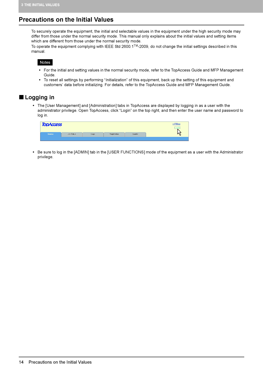 Toshiba e-STUDIO5540C/6540C/6550C manual Precautions on the Initial Values, „ Logging 