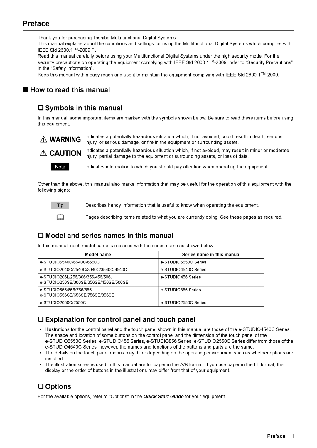 Toshiba e-STUDIO5540C/6540C/6550C Preface, „ How to read this manual ‰ Symbols in this manual, ‰ Options 