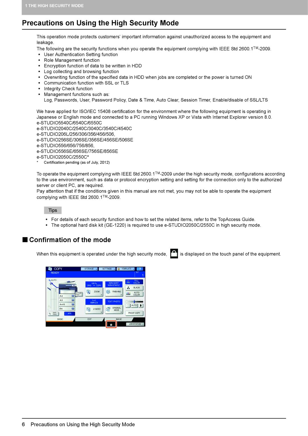 Toshiba e-STUDIO5540C/6540C/6550C manual Precautions on Using the High Security Mode, „ Confirmation of the mode 