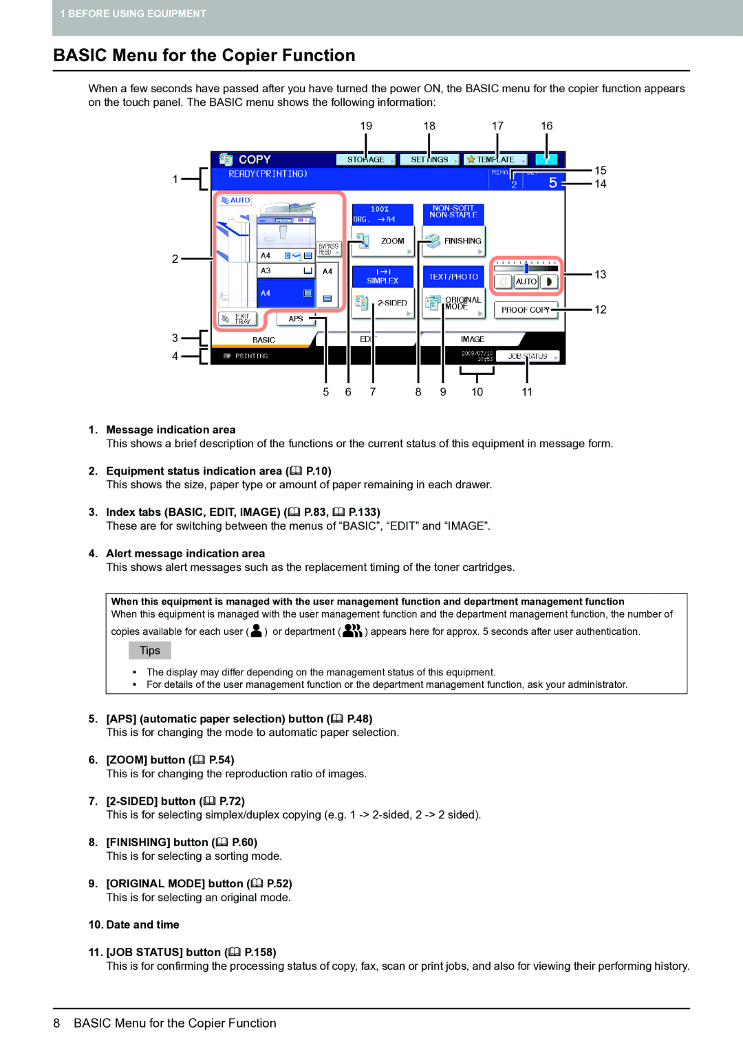 Toshiba E-STUDIO555 manual Basic Menu for the Copier Function 