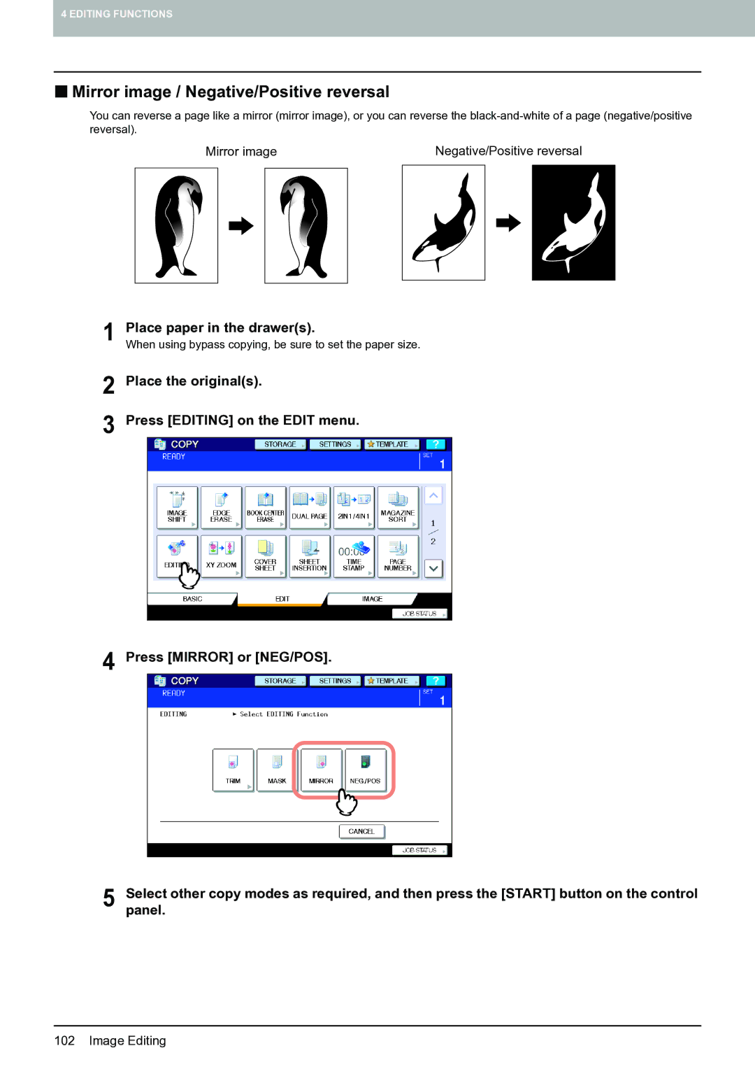 Toshiba E-STUDIO555 manual „ Mirror image / Negative/Positive reversal, Place paper in the drawers 