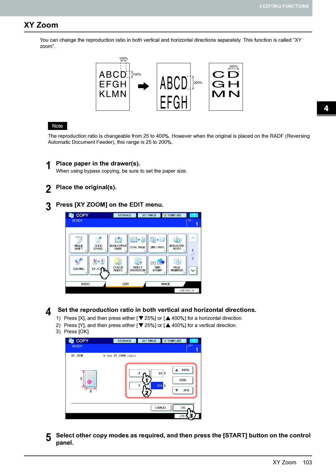 Toshiba E-STUDIO555 manual Place the originals Press XY Zoom on the Edit menu 