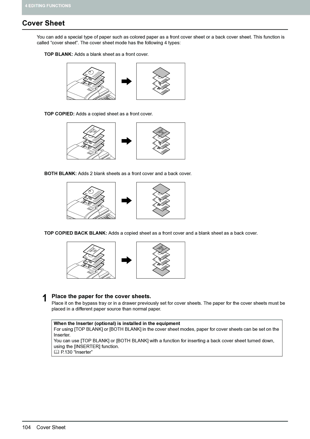 Toshiba E-STUDIO555 manual Cover Sheet, Place the paper for the cover sheets 