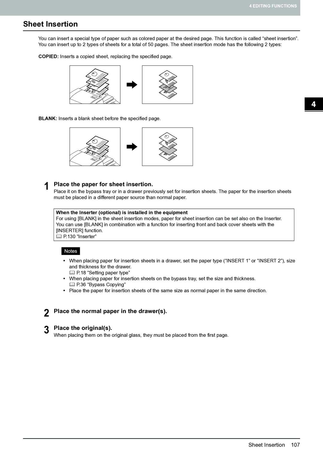 Toshiba E-STUDIO555 manual Sheet Insertion, Place the paper for sheet insertion 