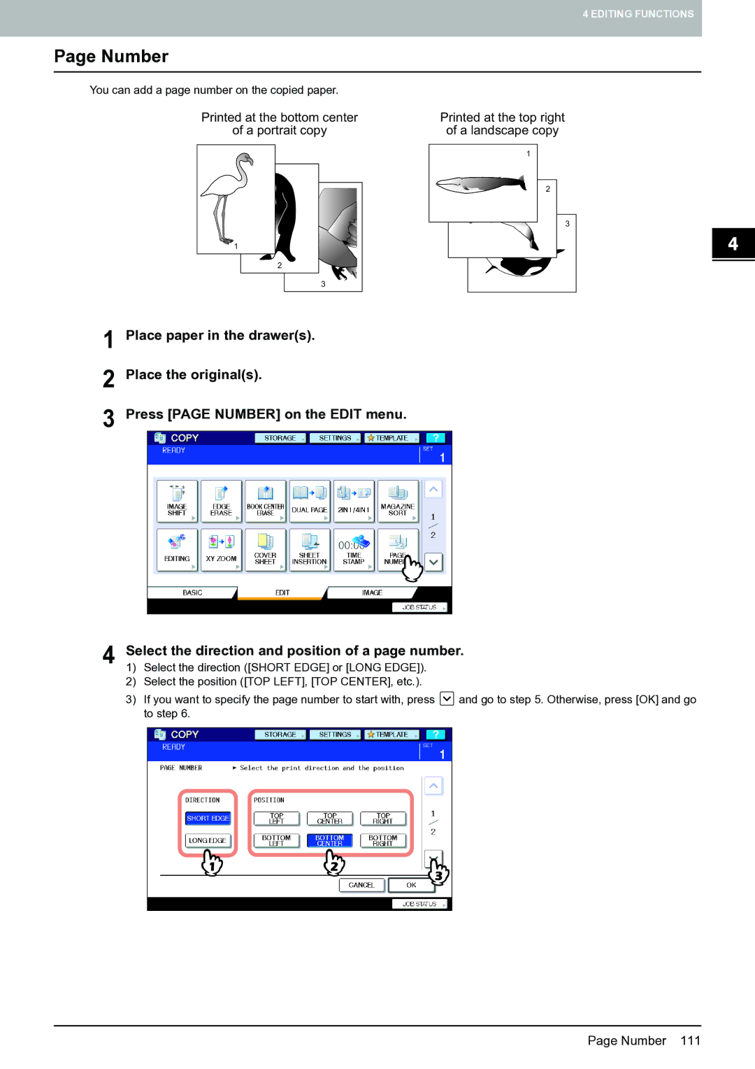 Toshiba E-STUDIO555 manual Number, Select the direction and position of a page number 