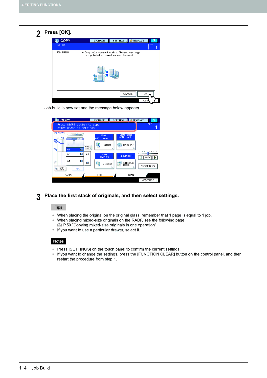 Toshiba E-STUDIO555 manual Place the first stack of originals, and then select settings 