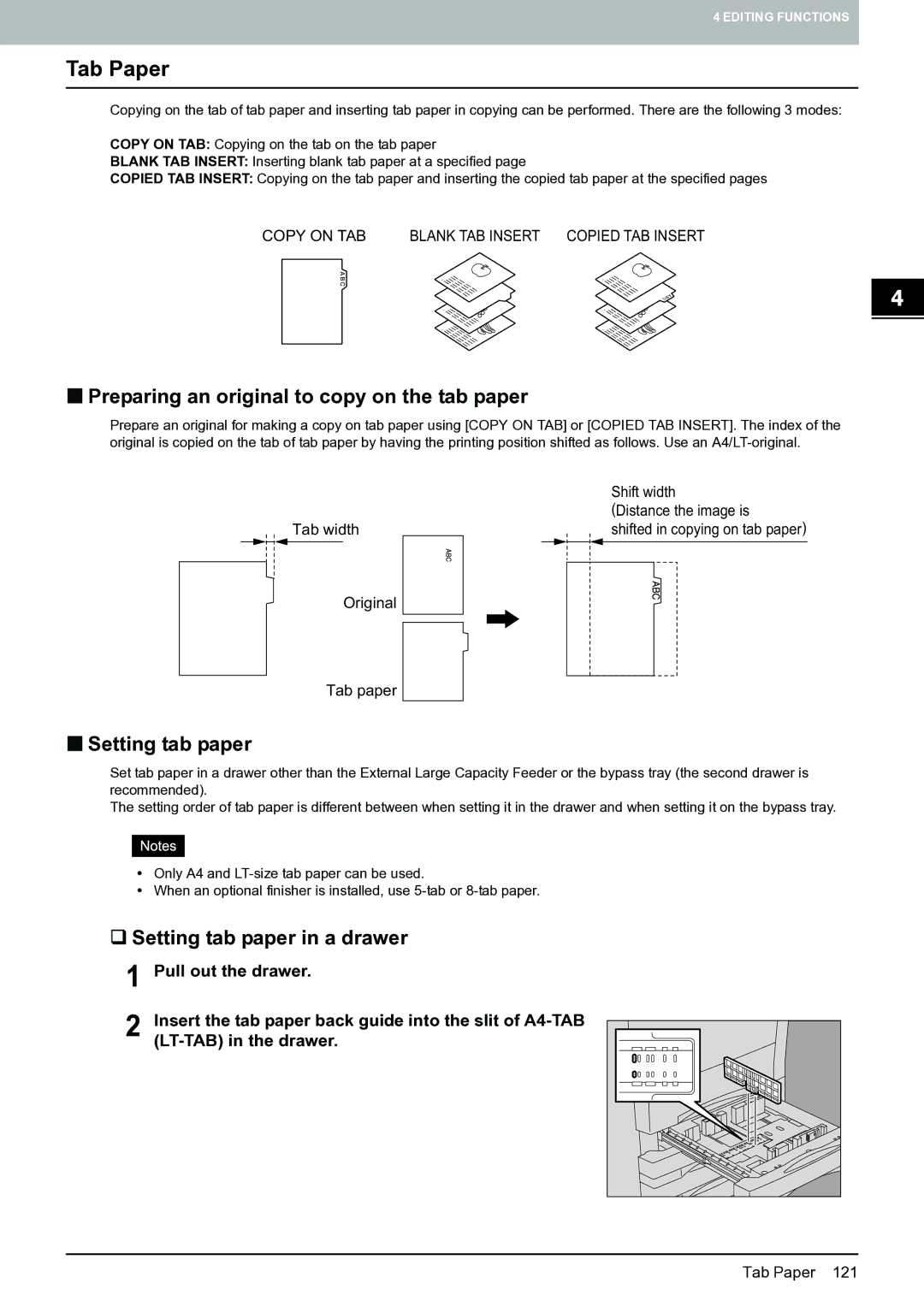 Toshiba E-STUDIO555 manual Tab Paper, „ Preparing an original to copy on the tab paper, „ Setting tab paper 