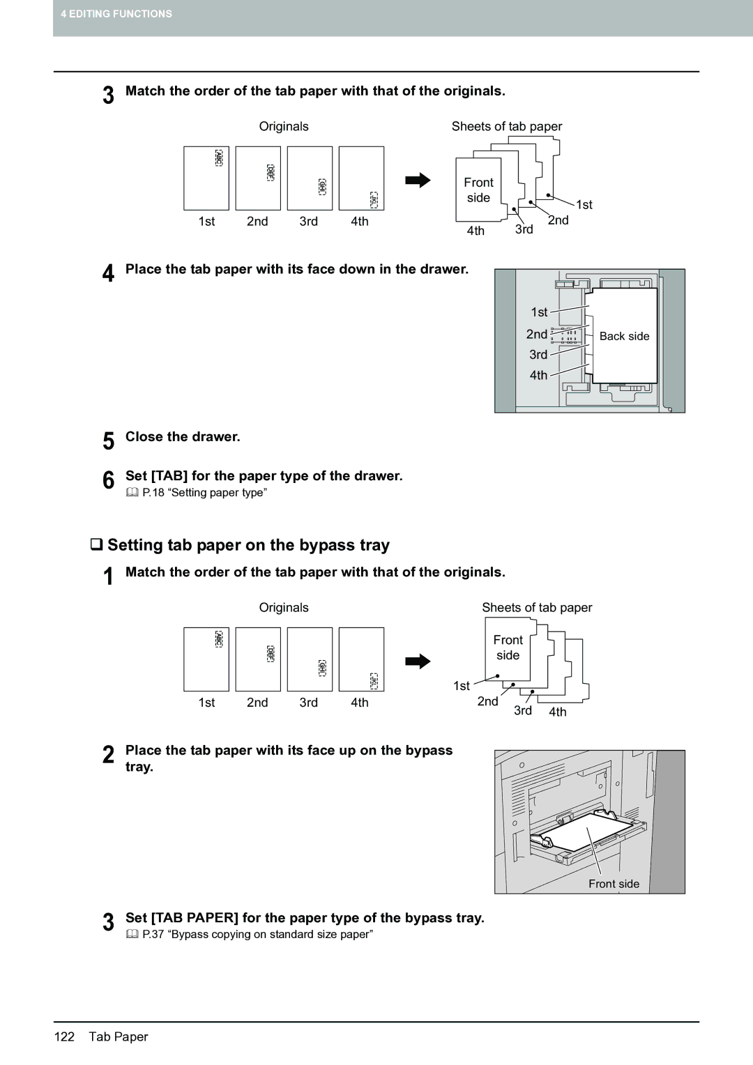 Toshiba E-STUDIO555 ‰ Setting tab paper on the bypass tray, Match the order of the tab paper with that of the originals 