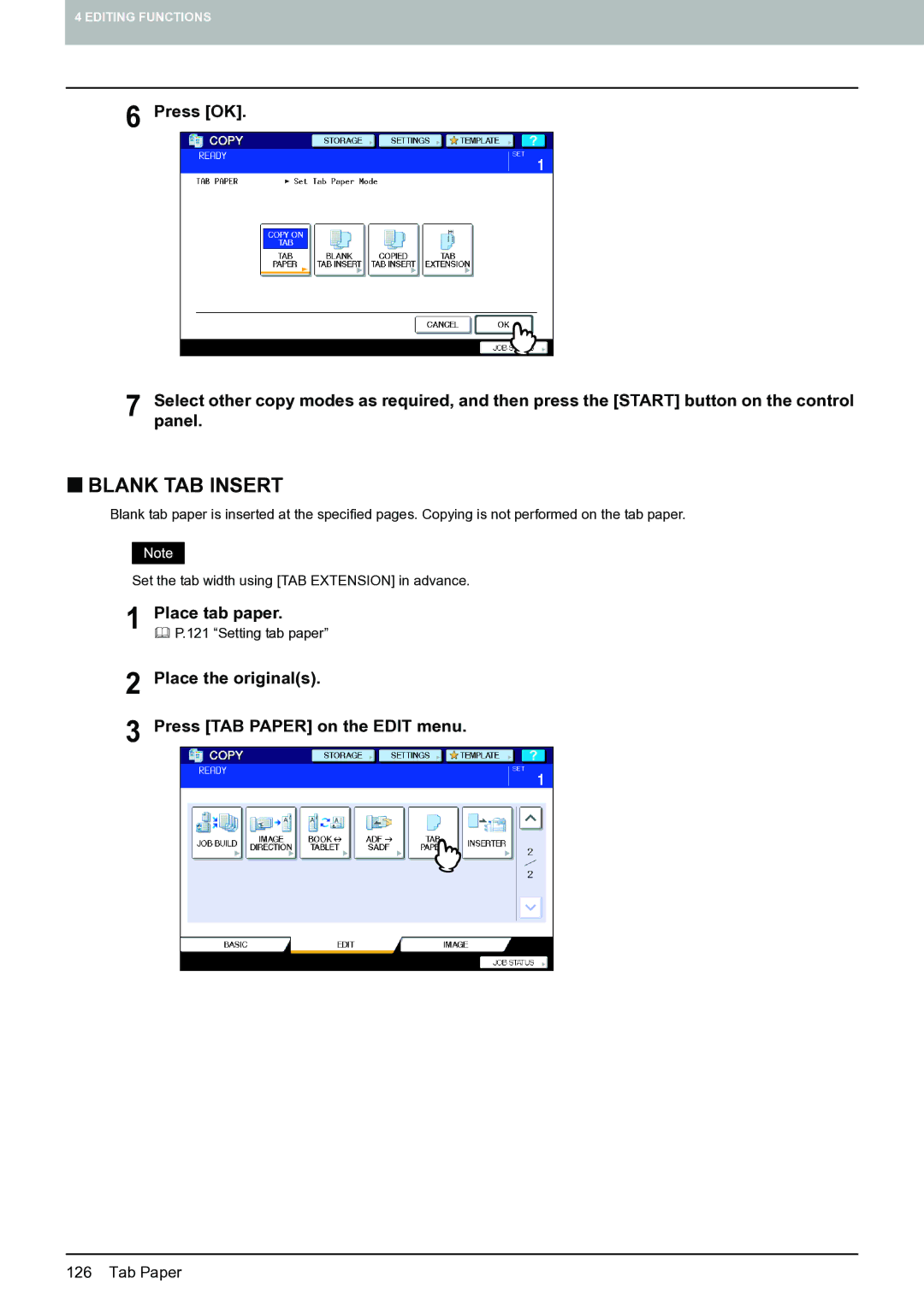 Toshiba E-STUDIO555 manual „ Blank TAB Insert, Place the originals Press TAB Paper on the Edit menu 