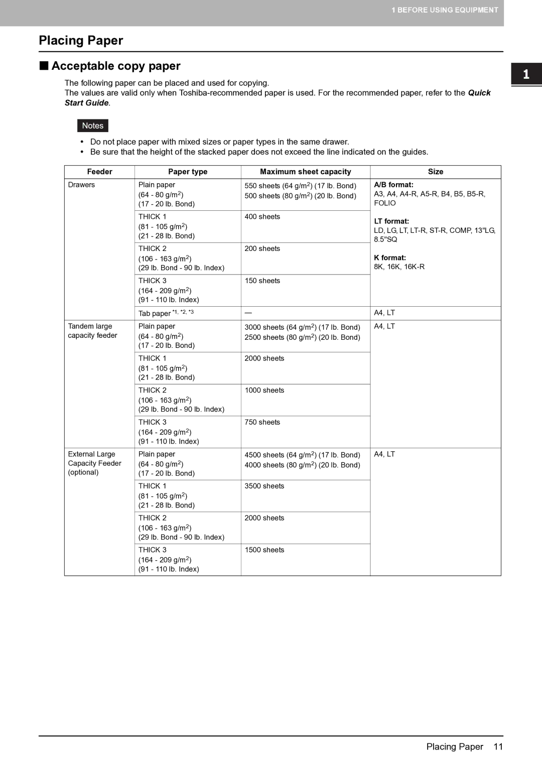 Toshiba E-STUDIO555 manual Placing Paper, „ Acceptable copy paper 