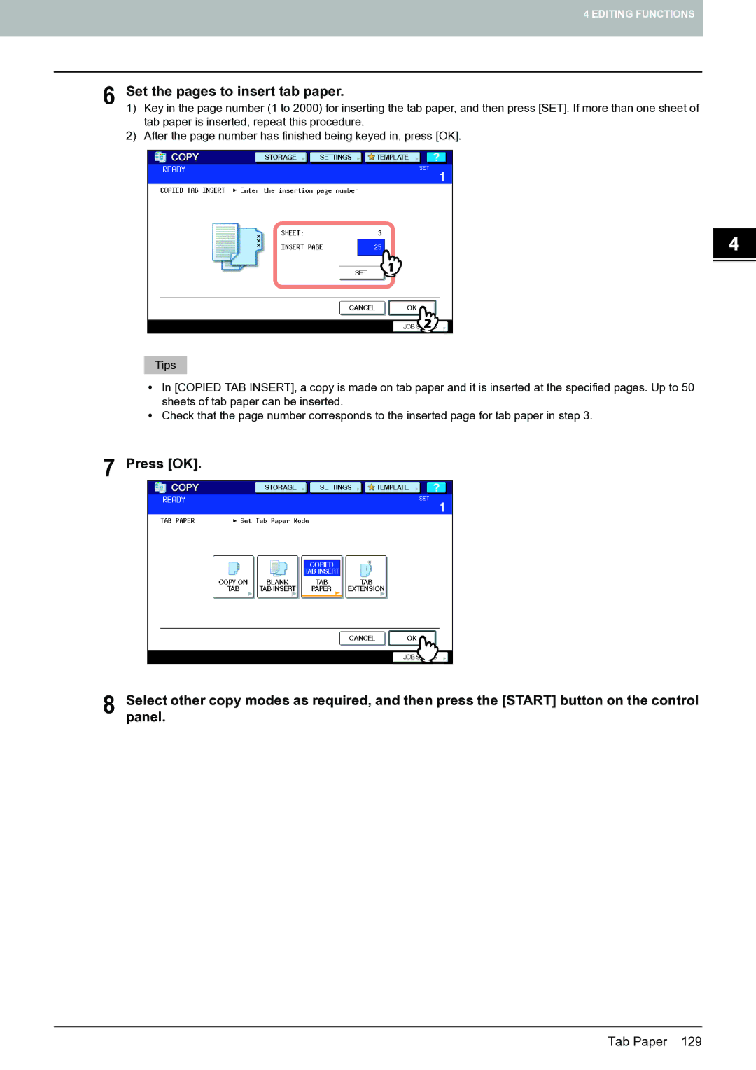 Toshiba E-STUDIO555 manual Set the pages to insert tab paper 