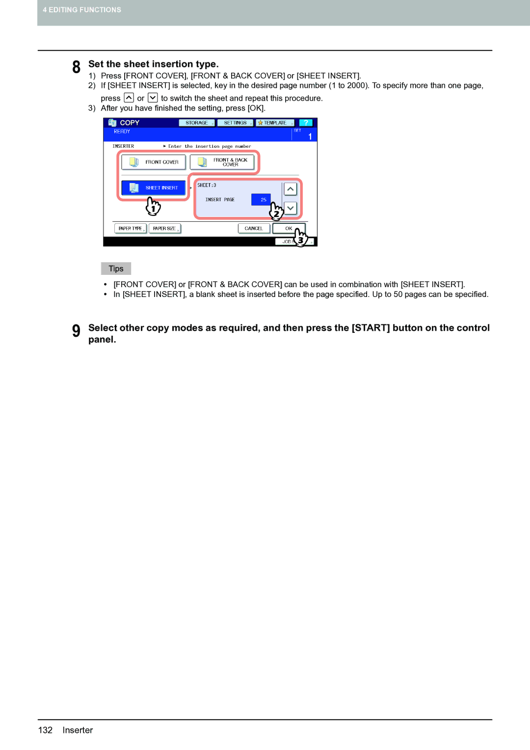 Toshiba E-STUDIO555 manual Set the sheet insertion type, Press Front COVER, Front & Back Cover or Sheet Insert 