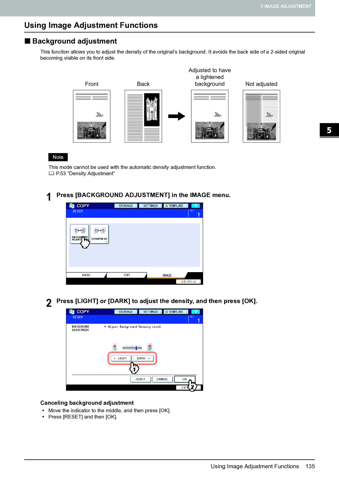 Toshiba E-STUDIO555 manual Using Image Adjustment Functions, „ Background adjustment, Canceling background adjustment 