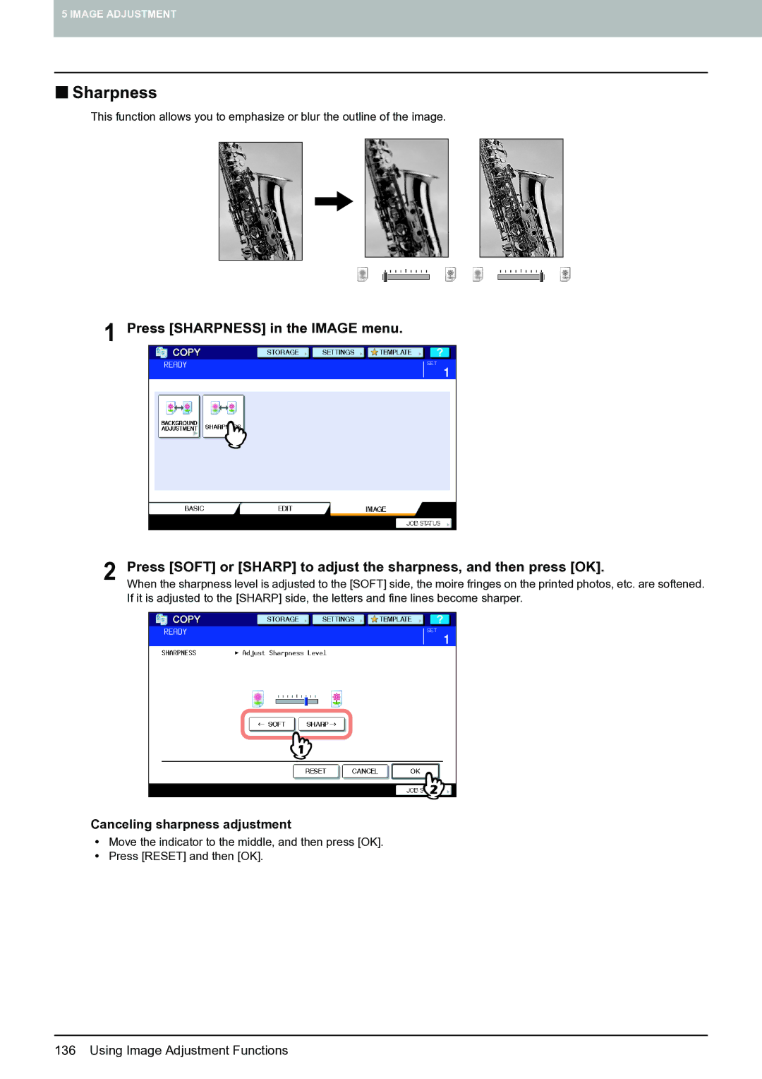 Toshiba E-STUDIO555 manual „ Sharpness, Canceling sharpness adjustment 