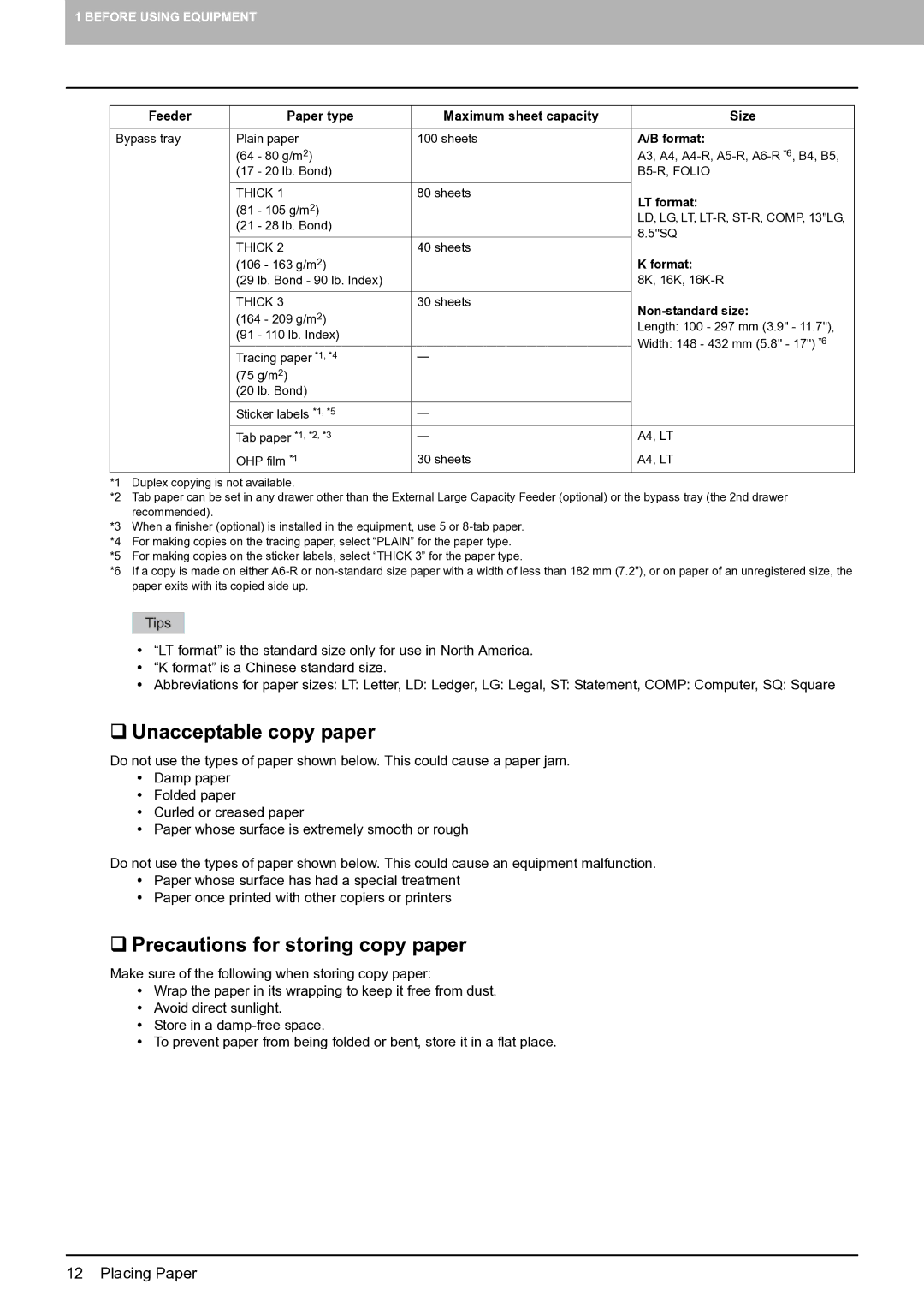 Toshiba E-STUDIO555 manual ‰ Unacceptable copy paper, ‰ Precautions for storing copy paper 