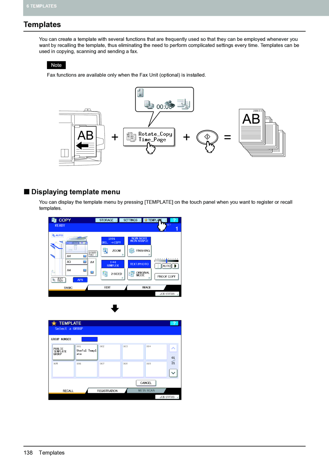 Toshiba E-STUDIO555 manual Templates, „ Displaying template menu 