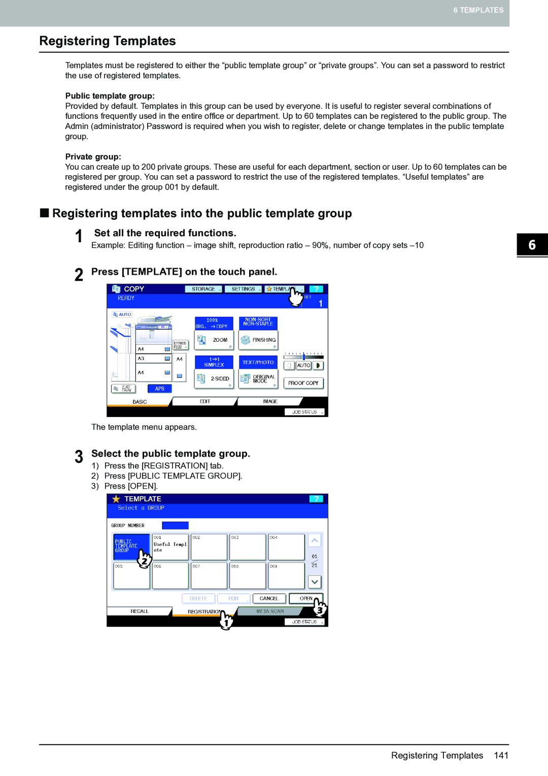 Toshiba E-STUDIO555 manual Registering Templates, „ Registering templates into the public template group 