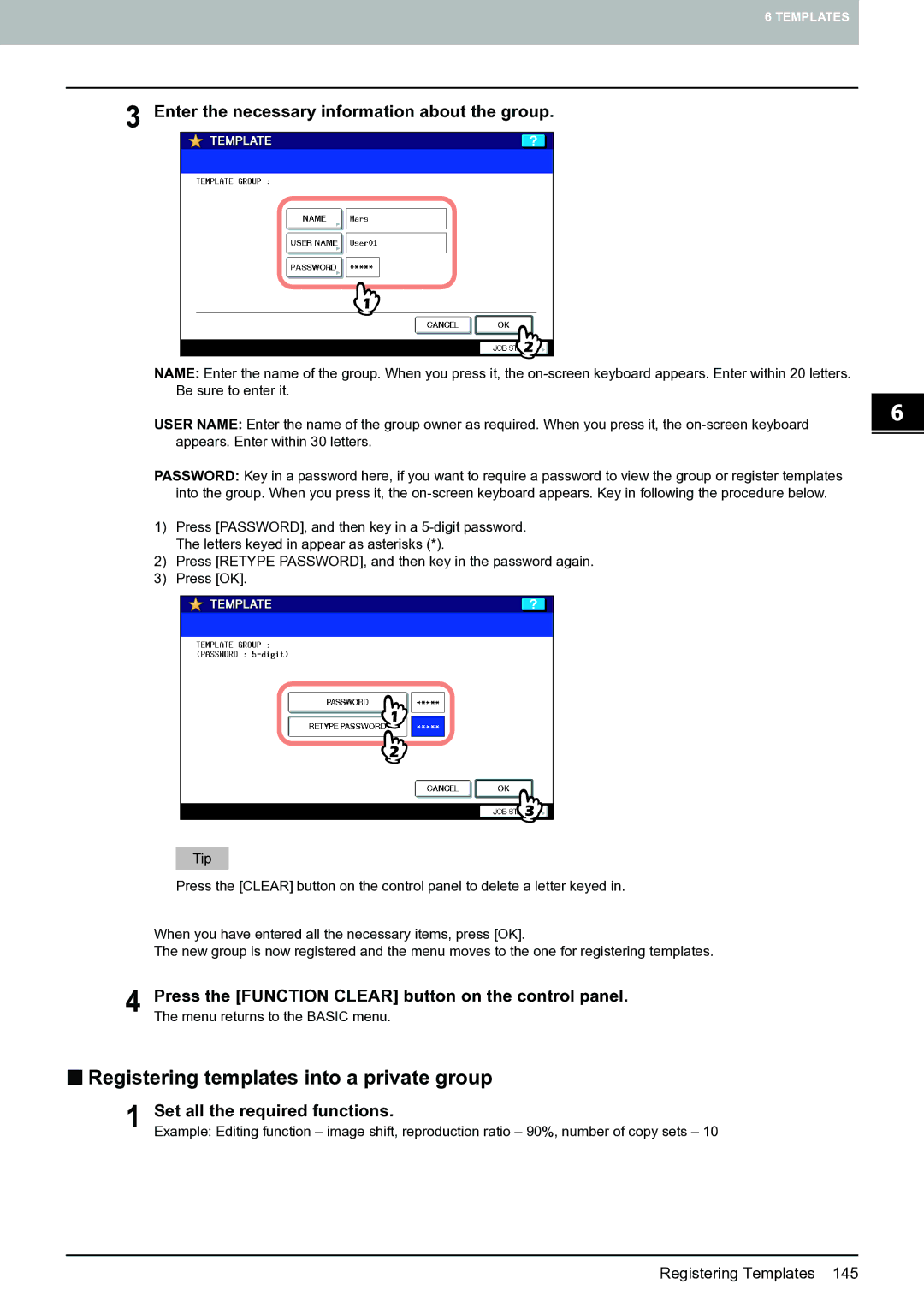 Toshiba E-STUDIO555 manual „ Registering templates into a private group, Enter the necessary information about the group 