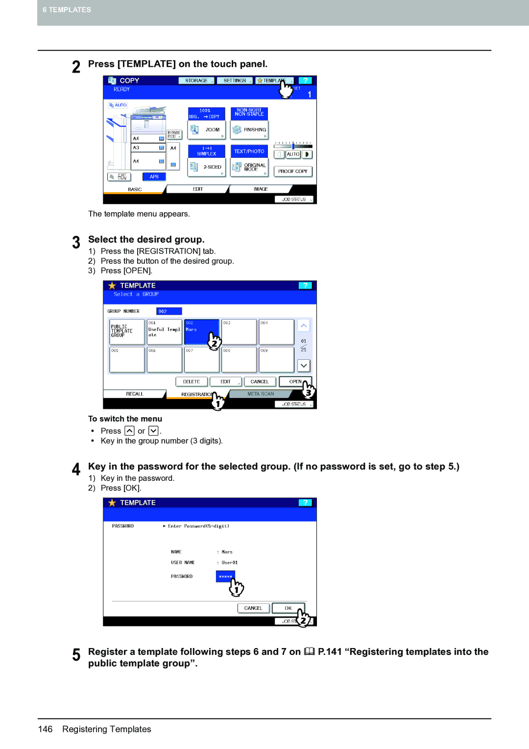 Toshiba E-STUDIO555 manual Select the desired group, Register a template following steps 6 and 7 on, Public template group 