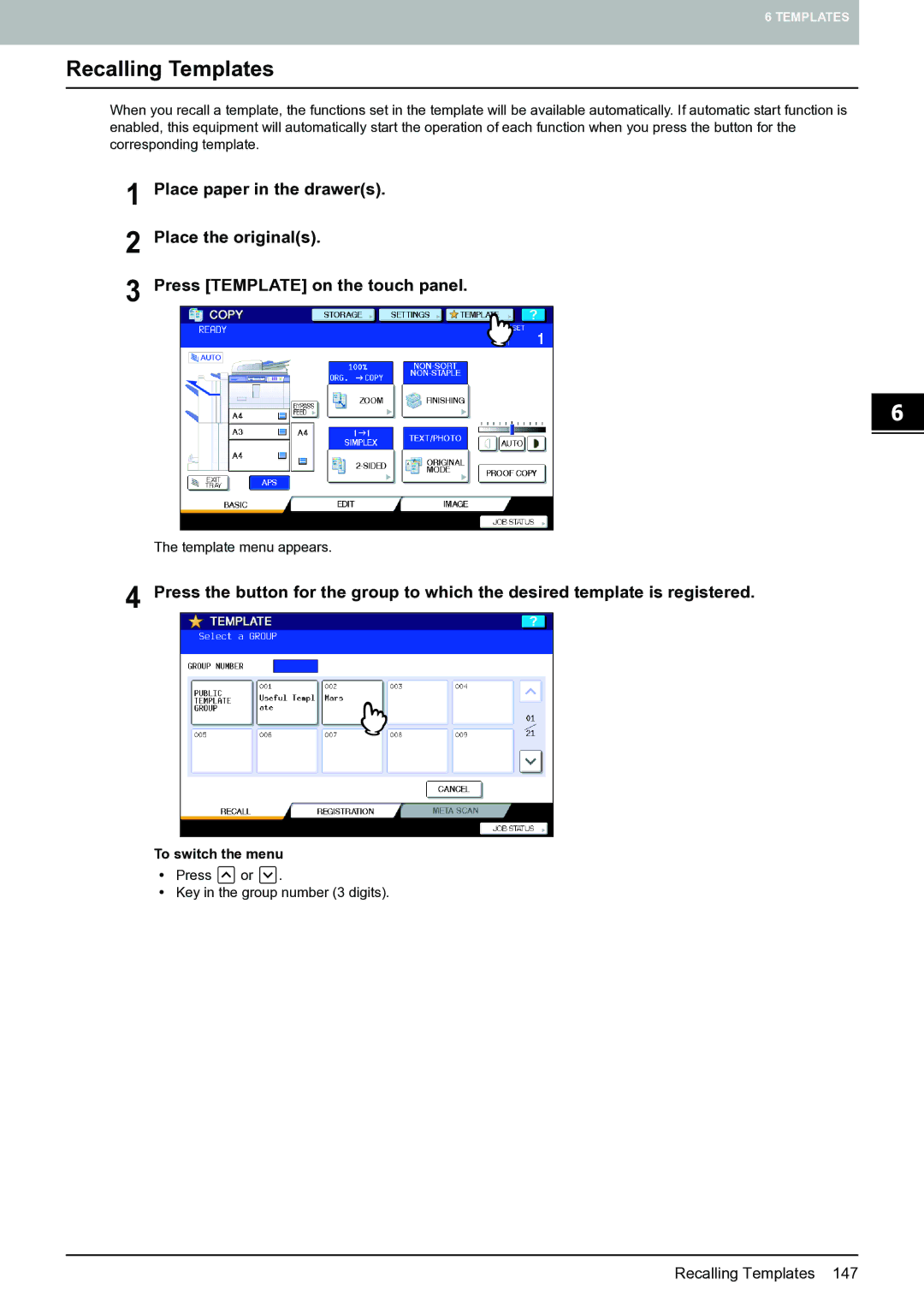 Toshiba E-STUDIO555 manual Recalling Templates 