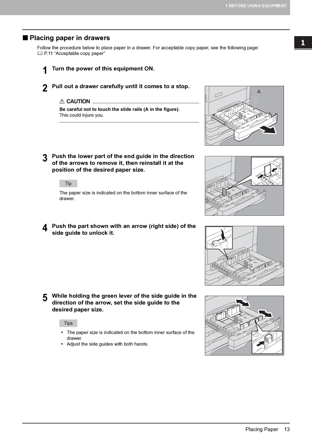 Toshiba E-STUDIO555 manual „ Placing paper in drawers, Be careful not to touch the slide rails a in the figure 