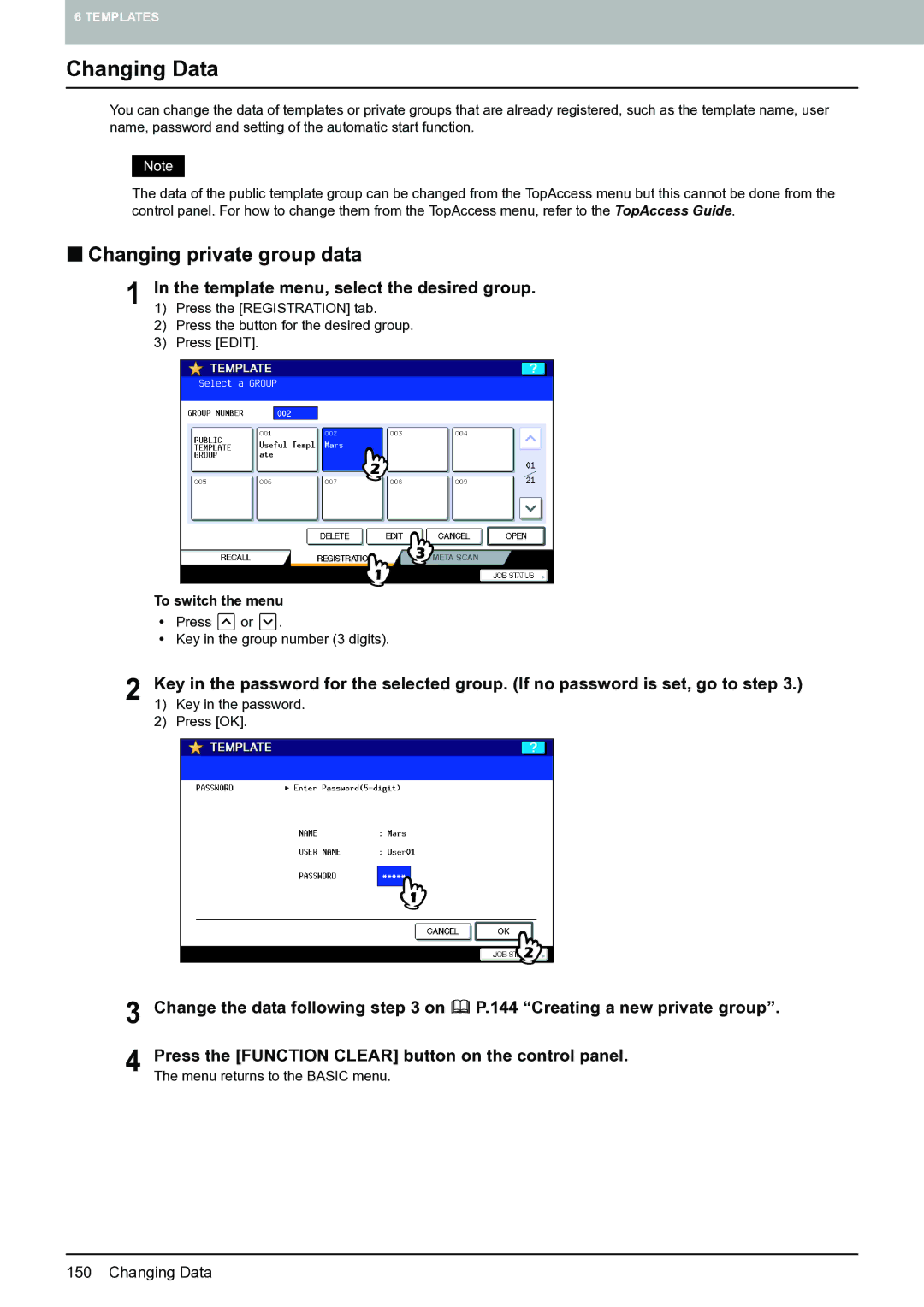 Toshiba E-STUDIO555 manual Changing Data, „ Changing private group data, Template menu, select the desired group 