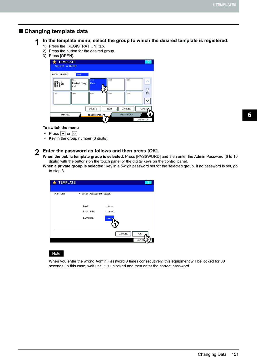 Toshiba E-STUDIO555 manual „ Changing template data, Enter the password as follows and then press OK 