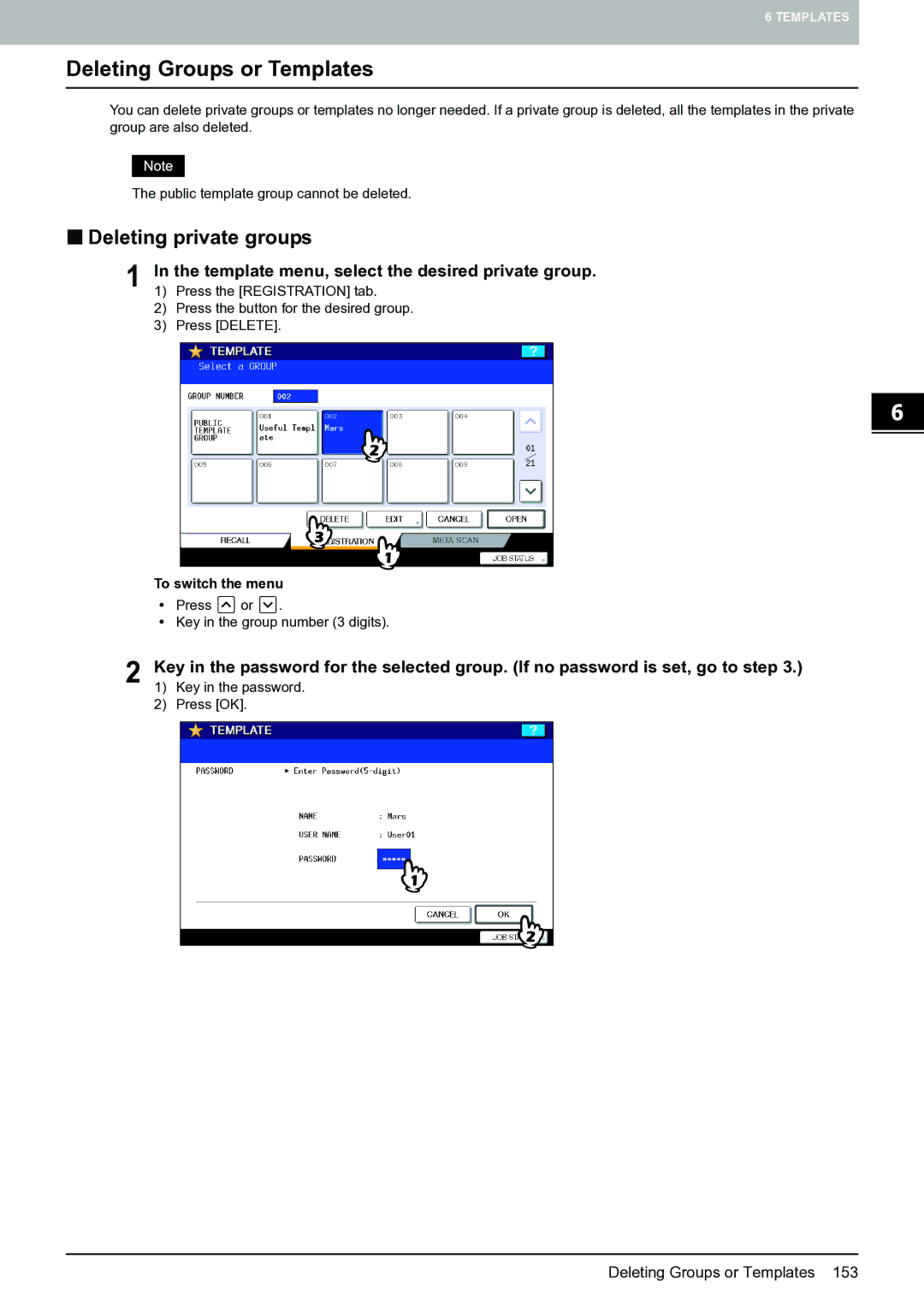 Toshiba E-STUDIO555 manual Deleting Groups or Templates, „ Deleting private groups 