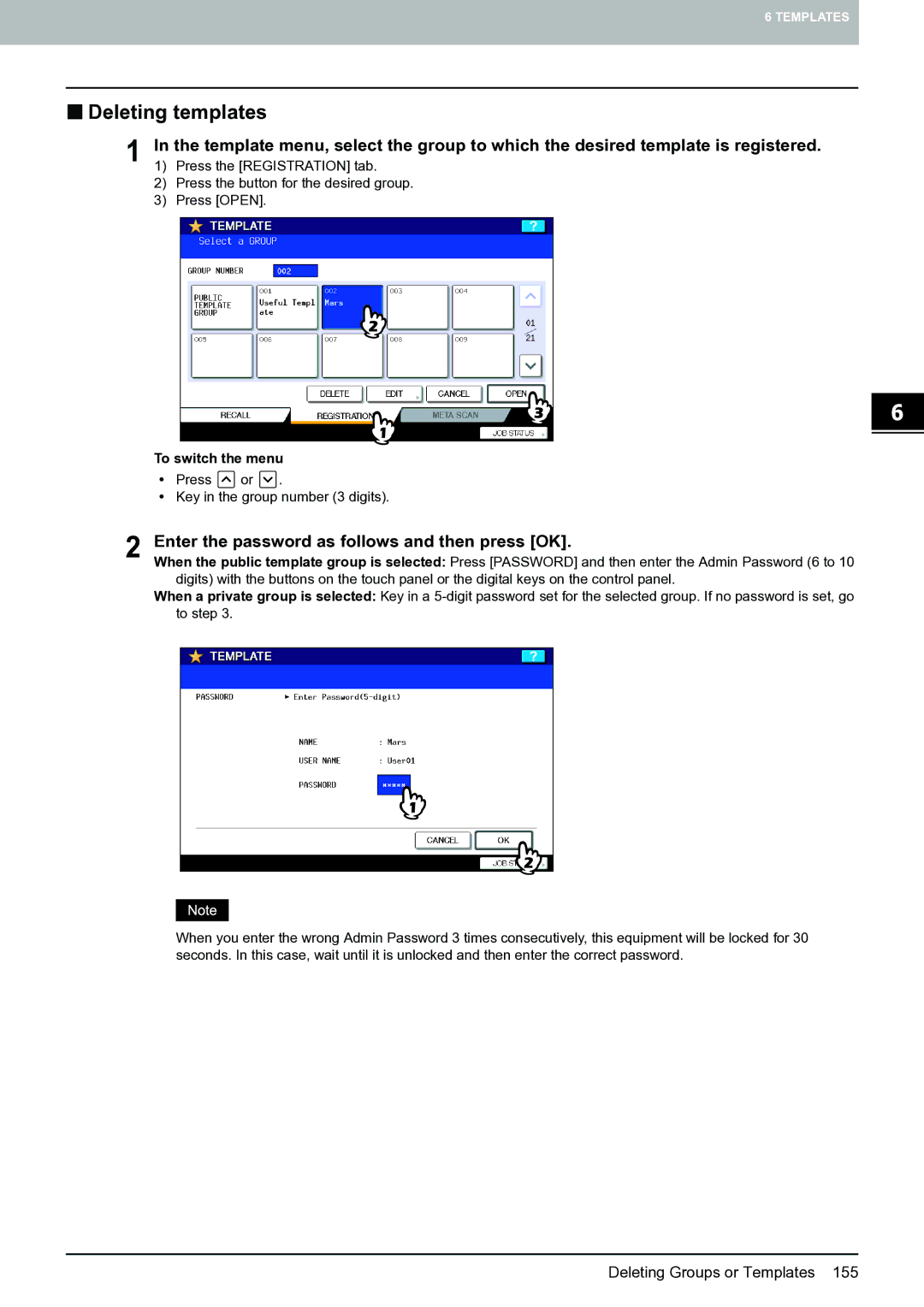 Toshiba E-STUDIO555 manual „ Deleting templates, Enter the password as follows and then press OK 