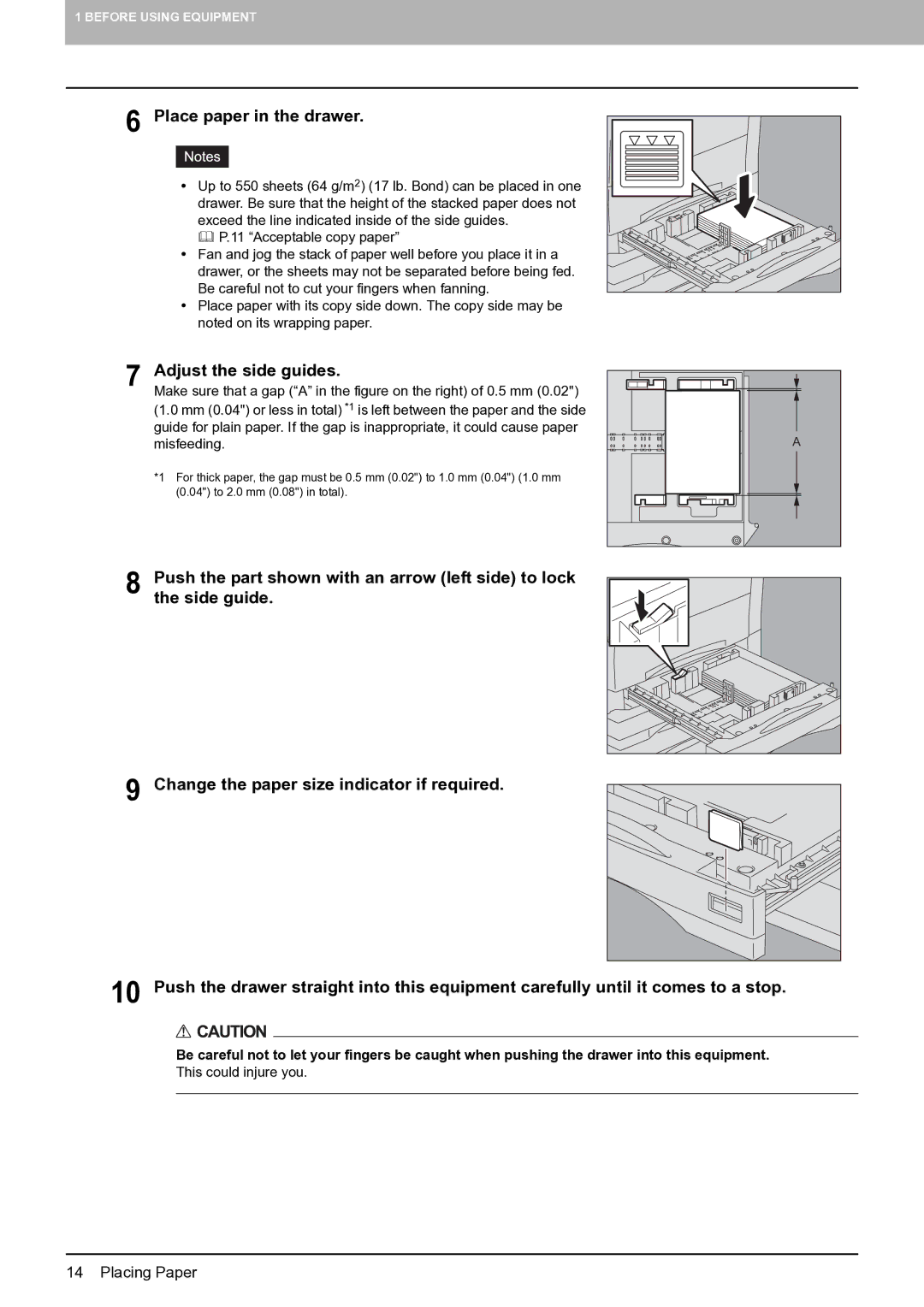 Toshiba E-STUDIO555 manual Place paper in the drawer, Adjust the side guides 