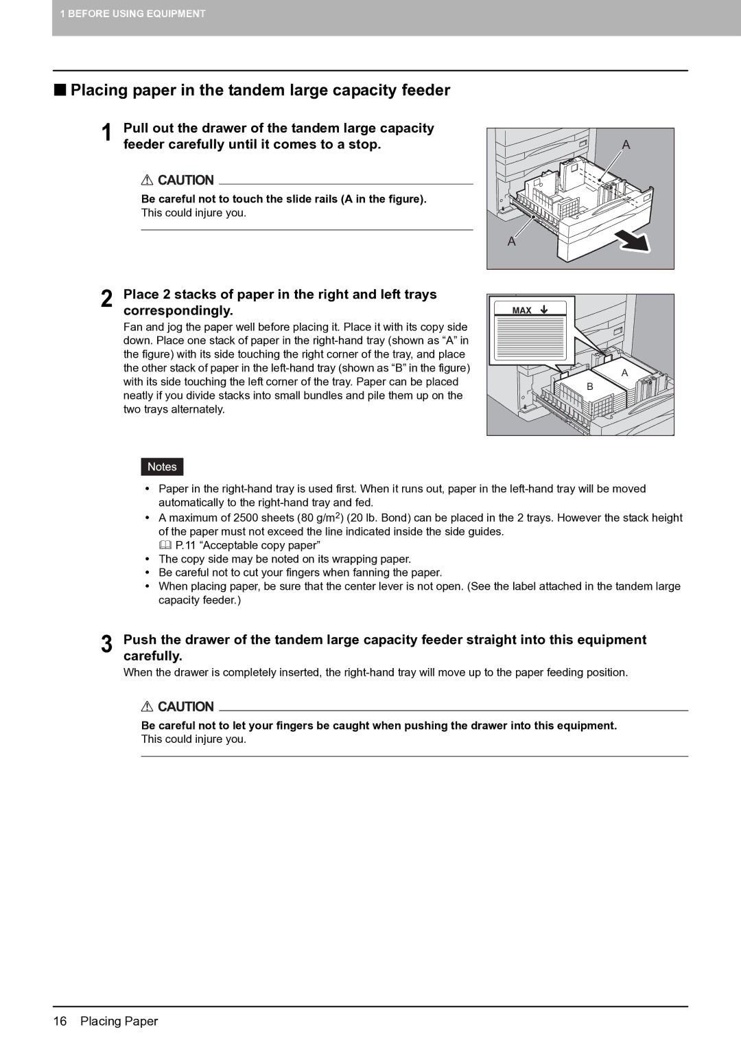 Toshiba E-STUDIO555 manual „ Placing paper in the tandem large capacity feeder 