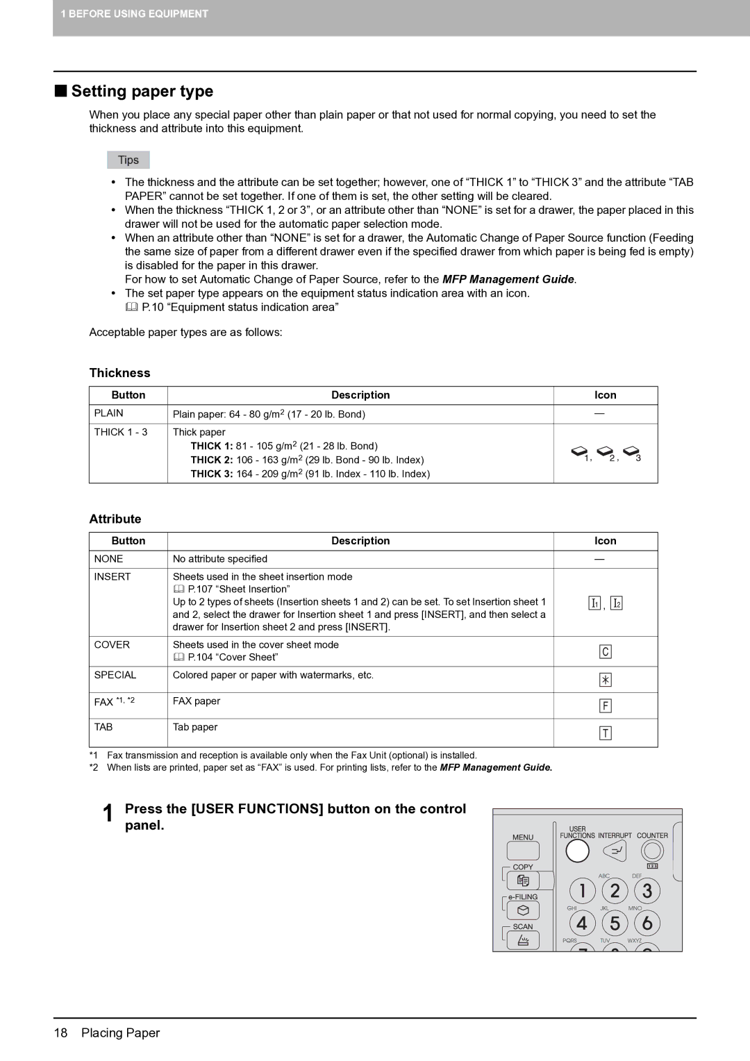 Toshiba E-STUDIO555 manual „ Setting paper type, Presspanel. the User Functions button on the control, Thickness, Attribute 