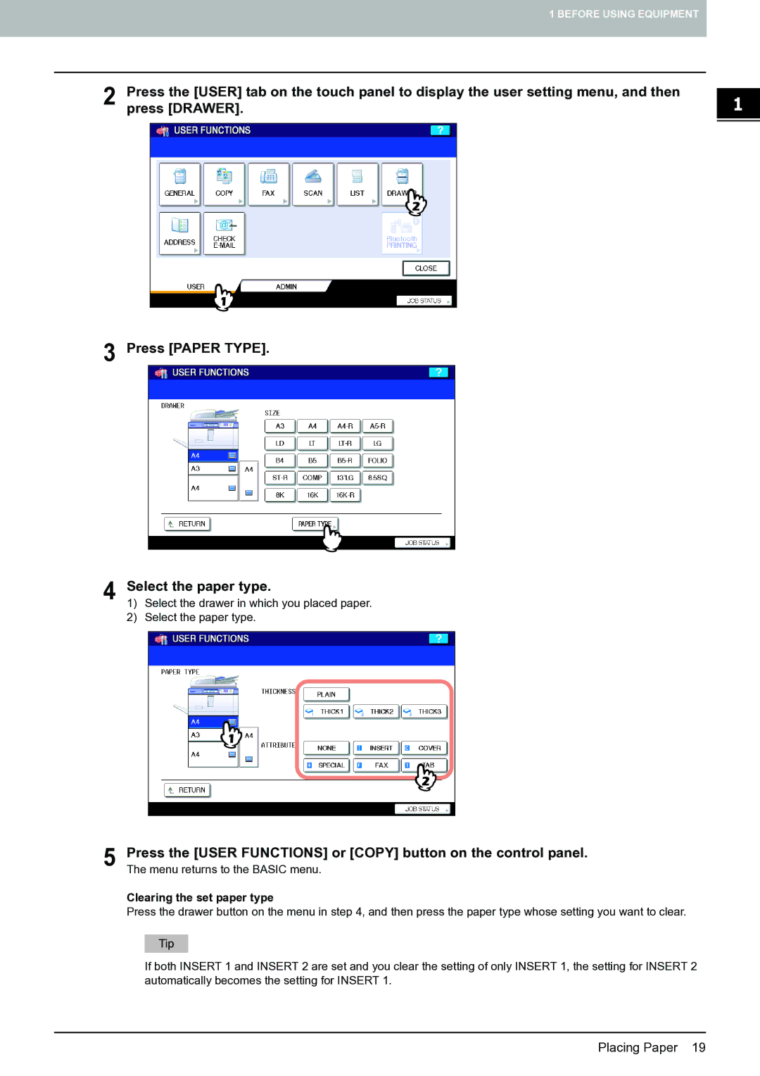 Toshiba E-STUDIO555 manual Press the User Functions or Copy button on the control panel, Clearing the set paper type 