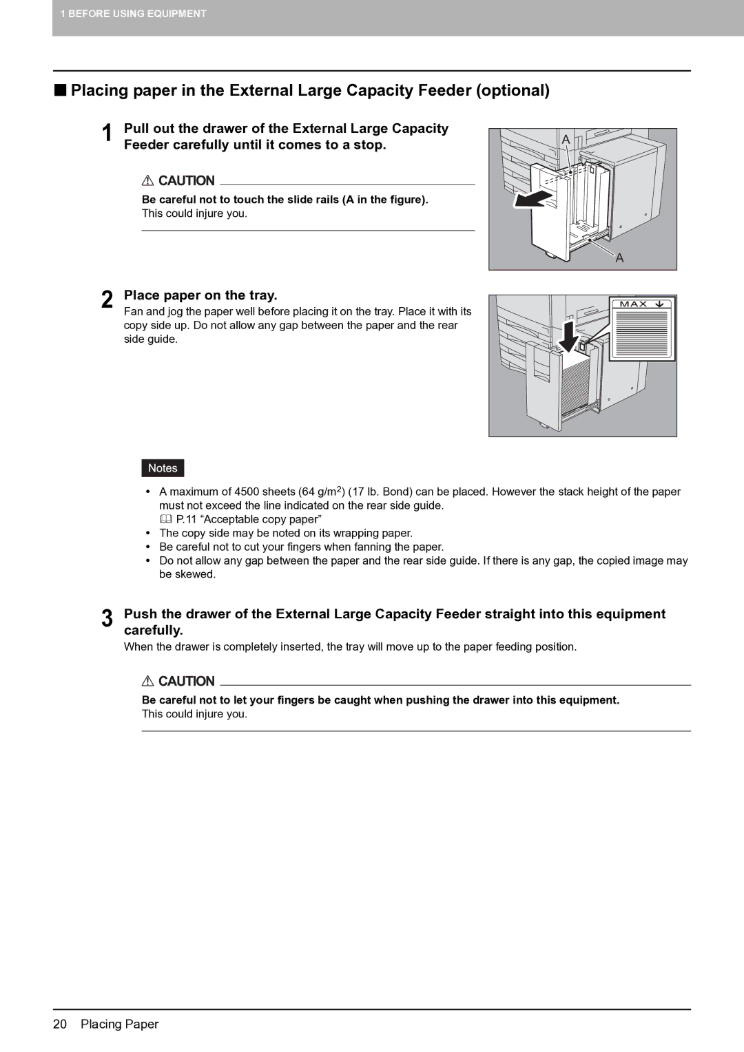 Toshiba E-STUDIO555 manual Place paper on the tray, Be careful not to touch the slide rails a in the figure 