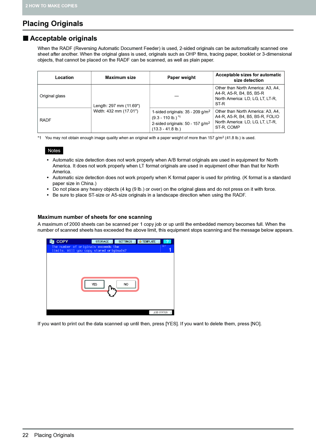 Toshiba E-STUDIO555 manual Placing Originals, „ Acceptable originals, Maximum number of sheets for one scanning 