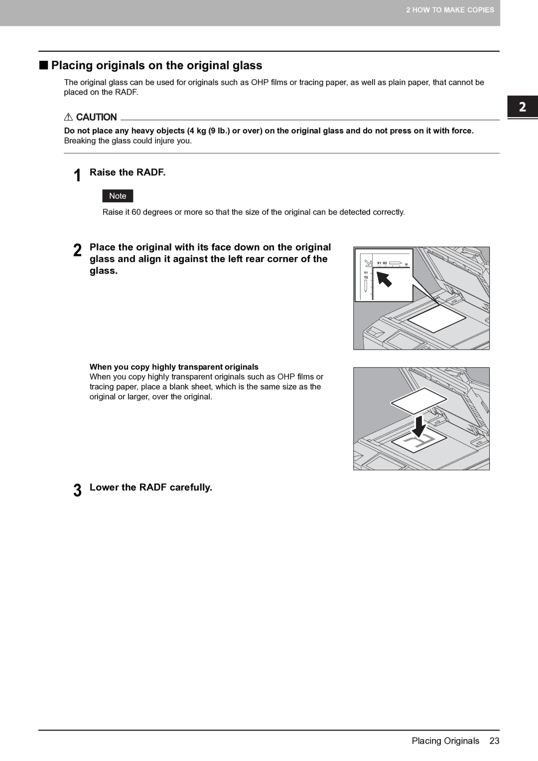 Toshiba E-STUDIO555 manual „ Placing originals on the original glass, Raise the Radf, Lower the Radf carefully 