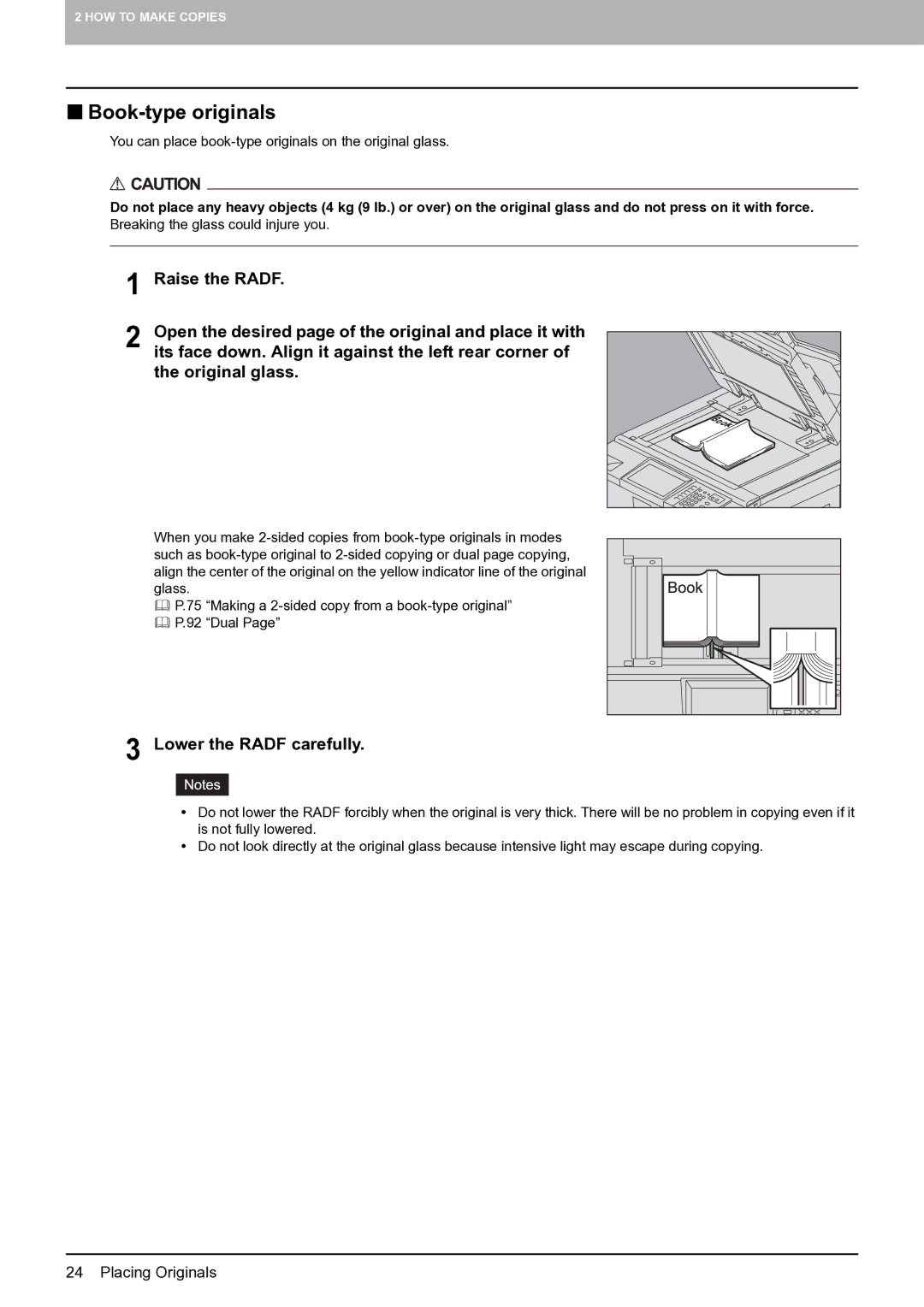 Toshiba E-STUDIO555 manual „ Book-type originals, Its face down. Align it against the left rear corner, Original glass 